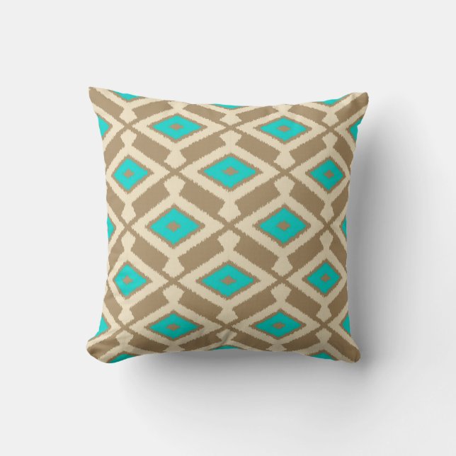 Ikat Pattern - Turquoise, Taupe and Beige Cushion (Front)