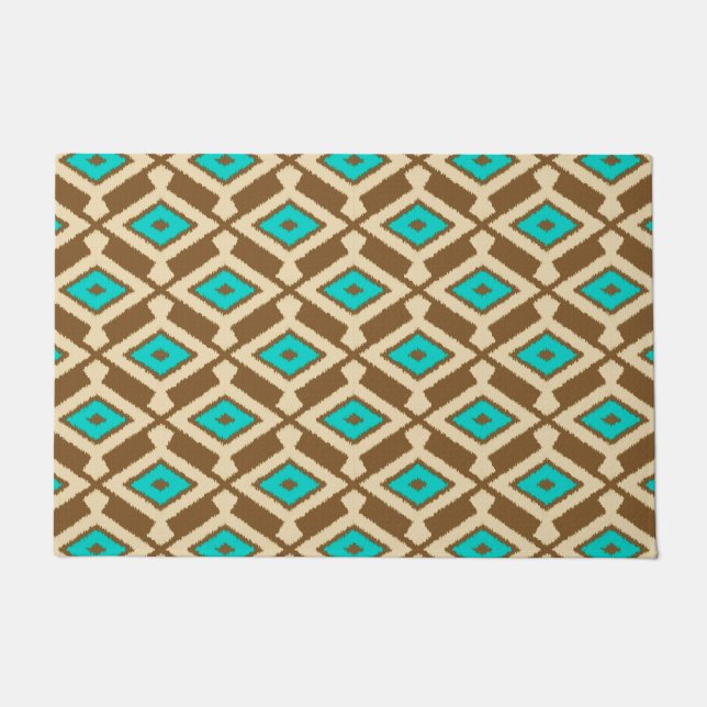Ikat Pattern, Turquoise, Taupe and Beige Doormat (Front)
