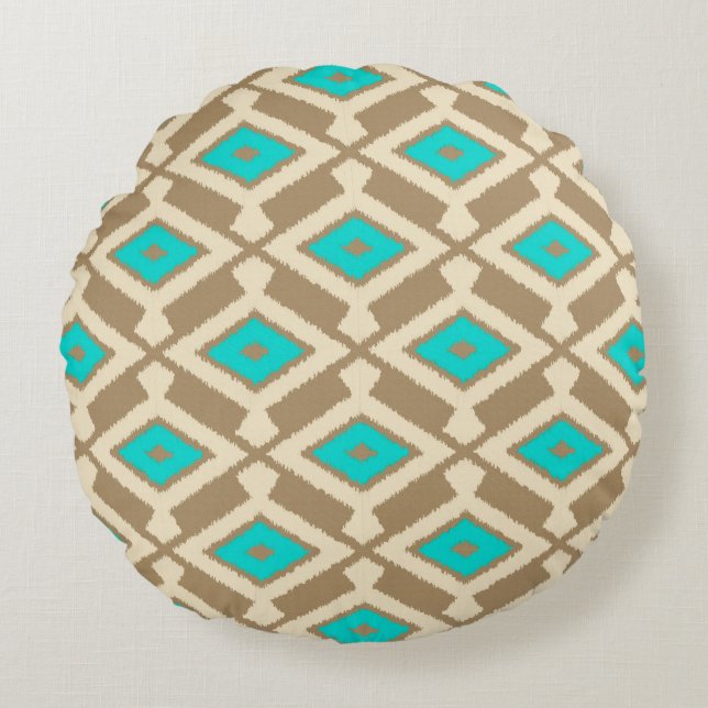 Ikat Pattern - Turquoise, Taupe and Beige Round Cushion (Front)