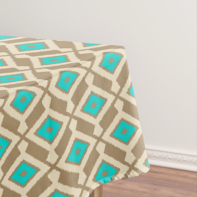 Ikat Pattern - Turquoise, Taupe and Beige Tablecloth (In Situ)