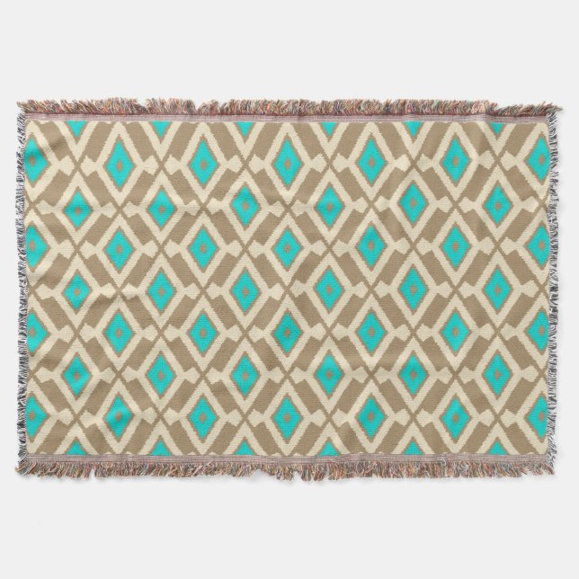 Ikat Pattern - Turquoise, Taupe and Beige Throw Blanket (Front)