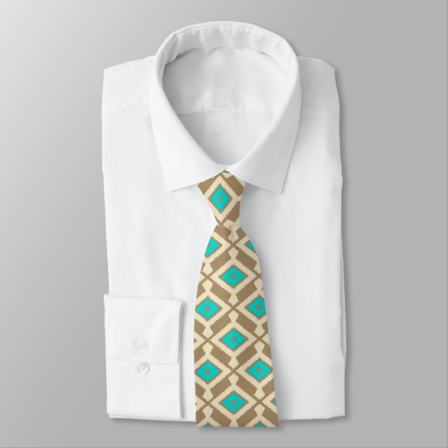 Ikat Pattern - Turquoise, Taupe and Beige Tie (Tied)