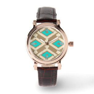 Ikat Pattern - Turquoise, Taupe and Beige Watch