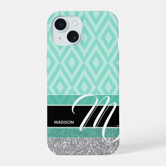 Ikat Pattern with Monogram - teal green black iPhone 15 Case (Back)