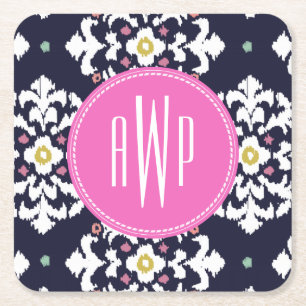 Ikat + Pink Monogram Square Paper Coaster