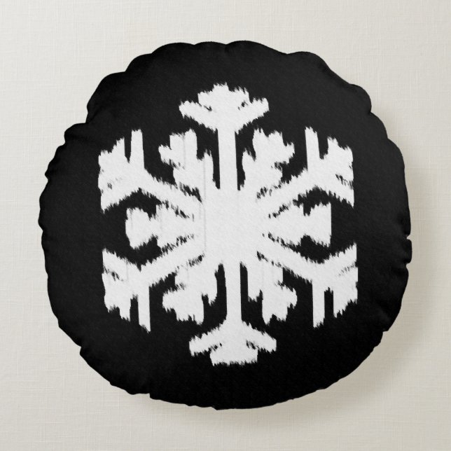 Ikat Snowflake - Black and white Round Cushion (Front)