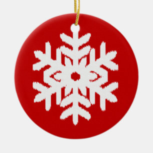 Ikat Snowflake - Dark red and white Ceramic Ornament