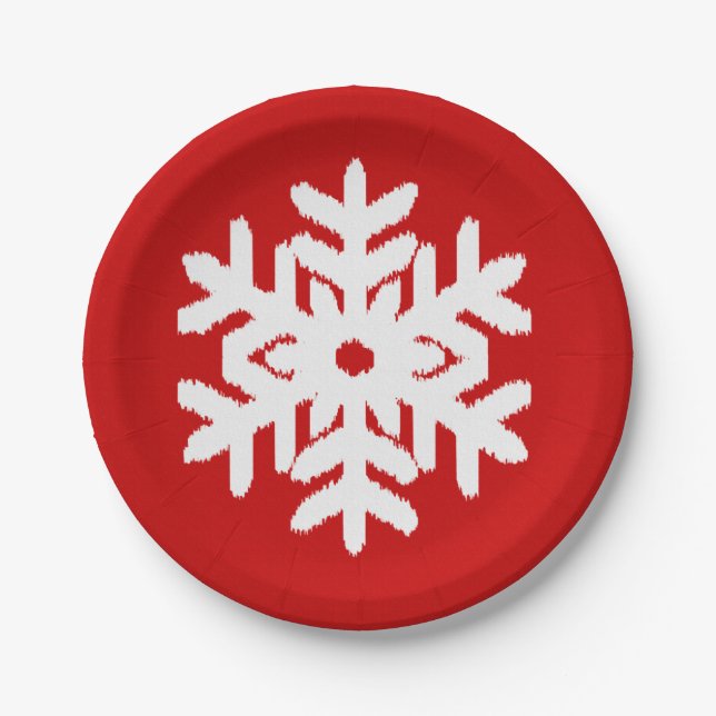 Ikat Snowflake - Dark red and white Paper Plate (Front)