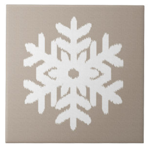 Ikat Snowflake - Taupe tan and white Ceramic Tile