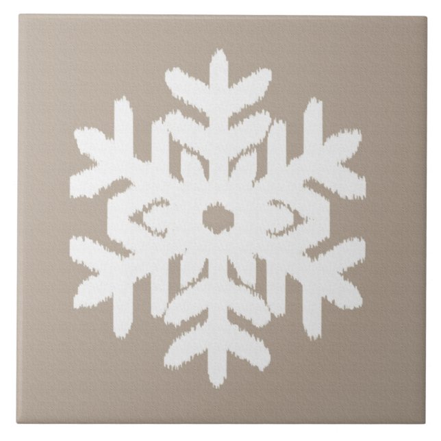 Ikat Snowflake - Taupe tan and white Ceramic Tile (Front)