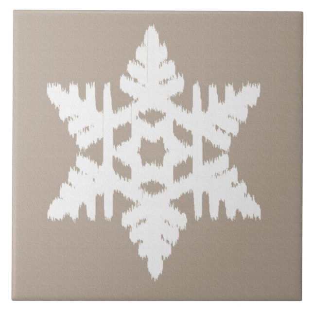 Ikat Snowflake - Taupe tan and white Ceramic Tile (Front)