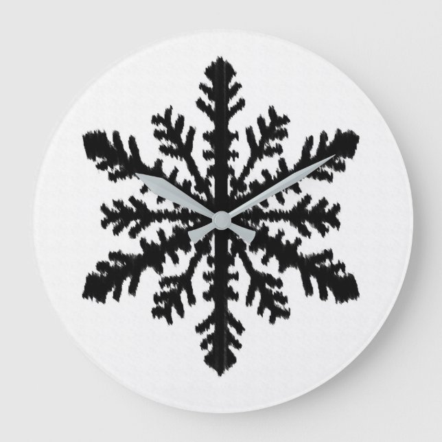 Ikat Snowflake - White and black Large Clock (Front)