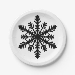 Ikat Snowflake - White and black Paper Plate