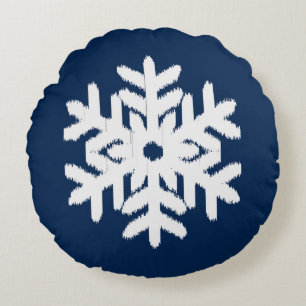 Ikat Snowflake - White and Dark Navy Blue Round Cushion