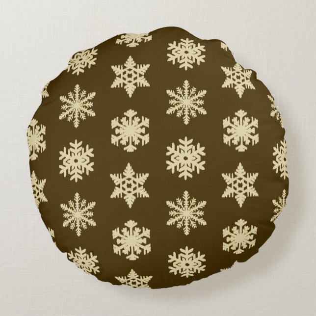 Ikat Snowflakes - Beige and Chocolate Brown Round Cushion (Back)