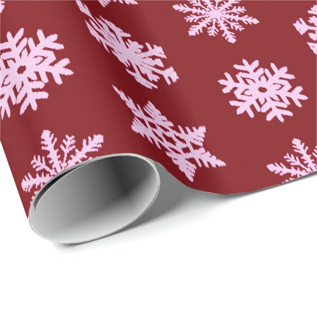 Ikat Snowflakes - Burgundy Wine and Pink Wrapping Paper (Roll Corner)