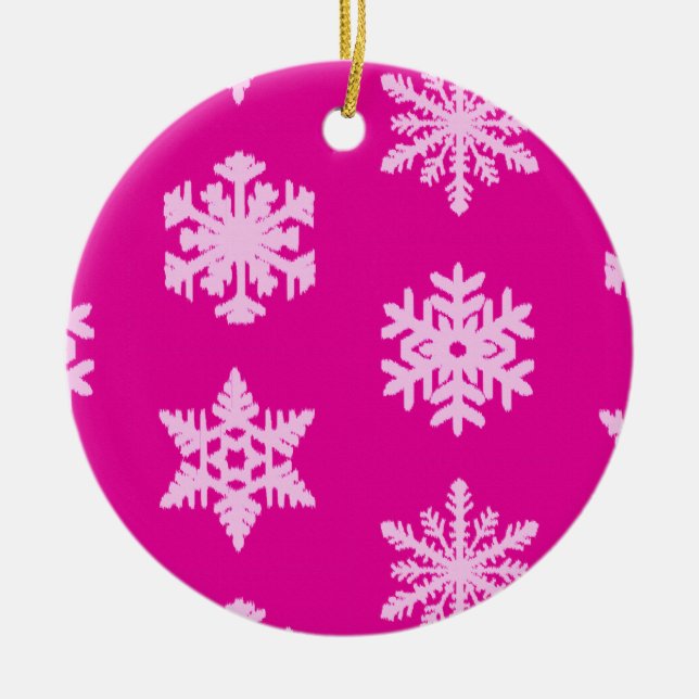 Ikat Snowflakes - Fuchsia and ice pink Ceramic Ornament (Front)