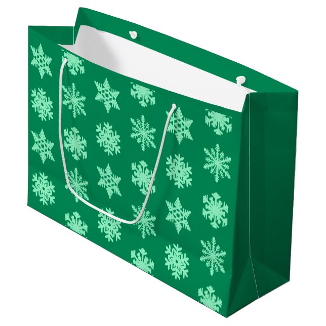 Ikat Snowflakes - Pine and mint green Large Gift Bag (Front Angled)
