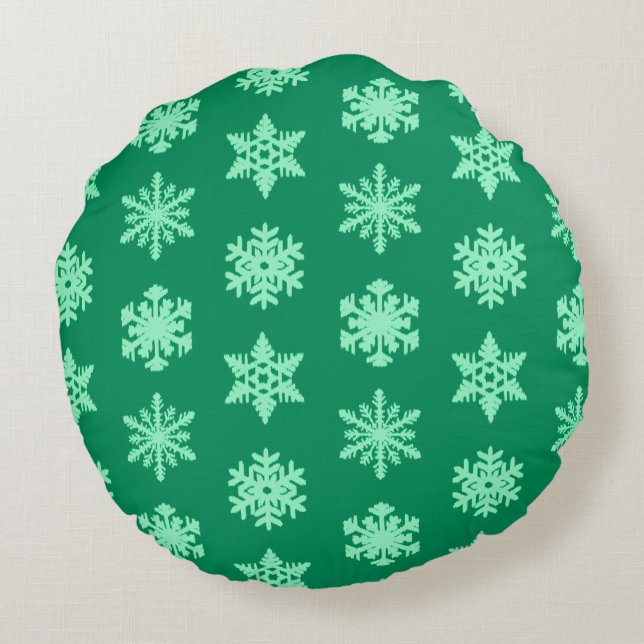 Ikat Snowflakes - Pine and mint green Round Cushion (Back)
