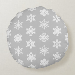 Ikat Snowflakes - Silver grey and white Round Cushion