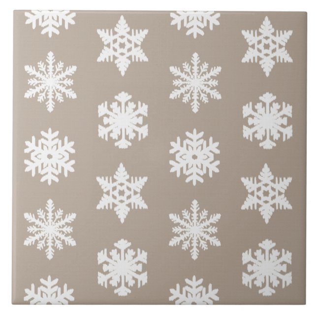 Ikat Snowflakes - Taupe tan and white Tile (Front)
