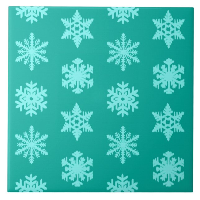 Ikat Snowflakes - Turquoise and aqua Ceramic Tile (Front)