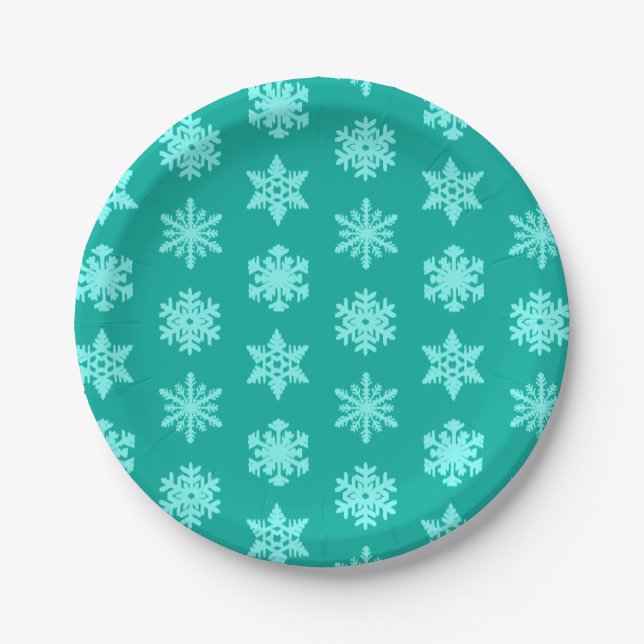 Ikat Snowflakes - Turquoise and aqua Paper Plate (Front)