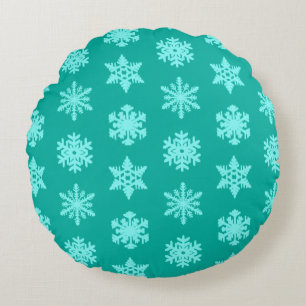 Ikat Snowflakes - Turquoise and aqua Round Cushion