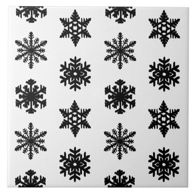 Ikat Snowflakes - White and black Ceramic Tile (Front)
