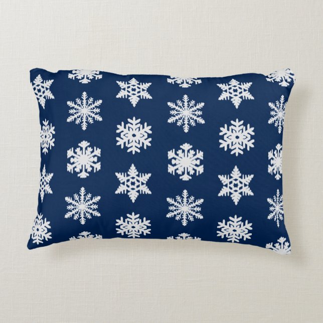Ikat Snowflakes - White and Dark Navy Blue Decorative Cushion (Back)