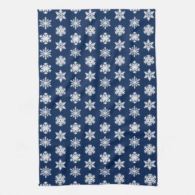 Ikat Snowflakes - White and Dark Navy Blue Tea Towel (Vertical)