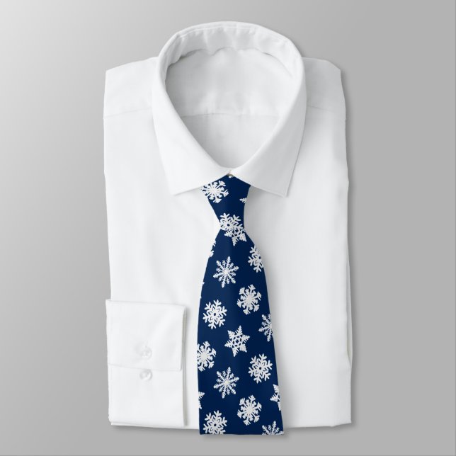 Ikat Snowflakes - White and Dark Navy Blue Tie (Tied)
