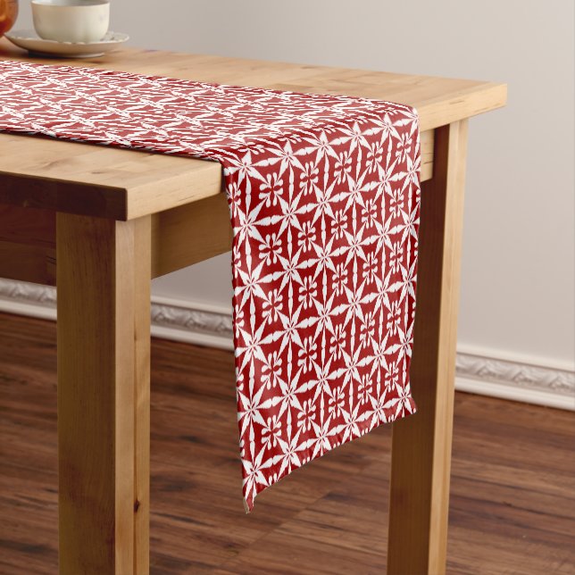 Ikat Star Pattern, Dark Red and White Short Table Runner (In Situ)