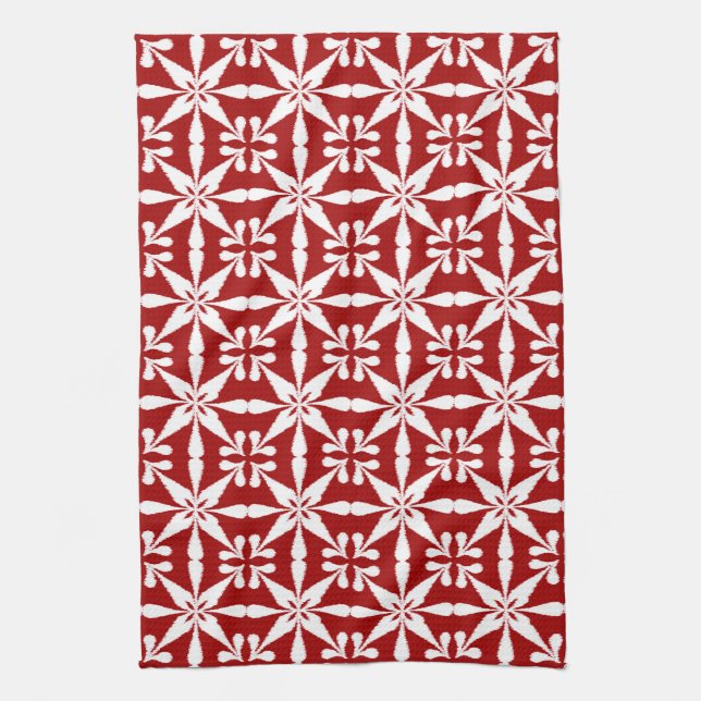 Ikat Star Pattern, Dark Red and White Tea Towel (Vertical)