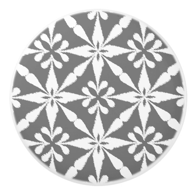 Ikat Star Pattern - Grey / Grey and White Ceramic Knob (Front)