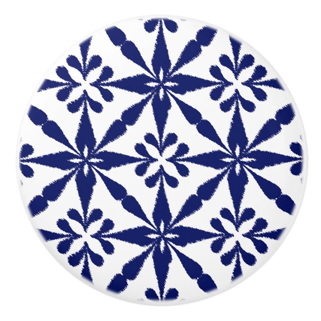 Ikat Star Pattern - Navy Blue and White Ceramic Knob (Front)