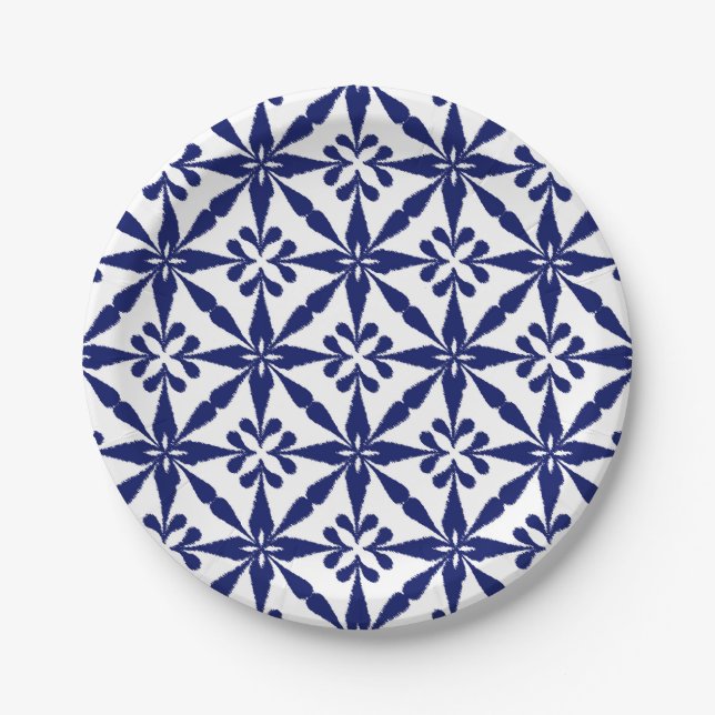 Ikat Star Pattern - Navy Blue and White Paper Plate (Front)