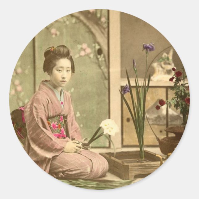 Ikebana - Beautiful Kimono Girls Arranging Flowers Classic Round Sticker (Front)