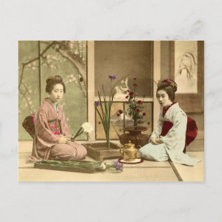 Ikebana - Beautiful Kimono Girls Arranging Flowers Postcard