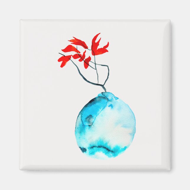 Ikebana blue vase watercolor art magnet (Front)