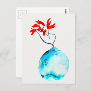 Ikebana blue vase watercolor art postcard