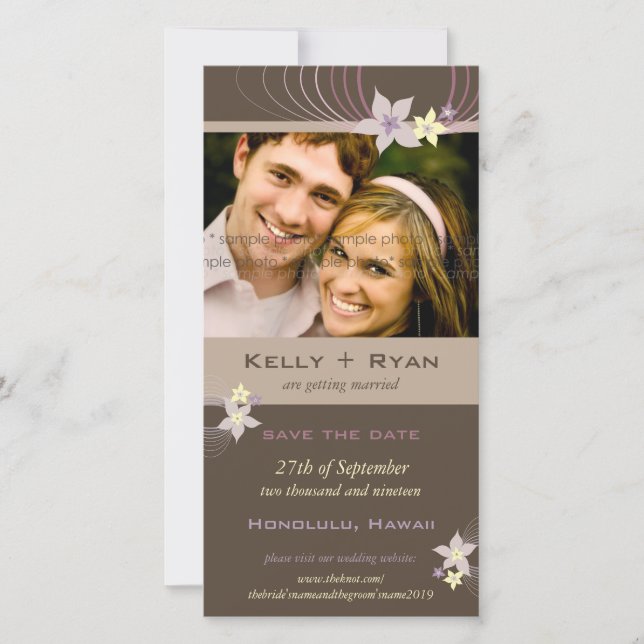 Ikebana Frangipani Purple Tropical Flowers Wedding Save The Date (Front)