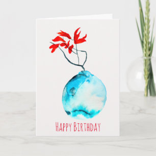 Ikebana watercolor blue vase card