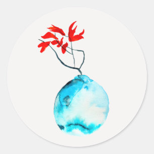 Ikebana watercolor blue vase classic round sticker