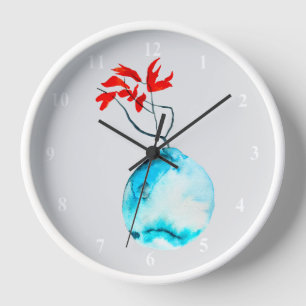 Ikebana watercolor blue vase clock