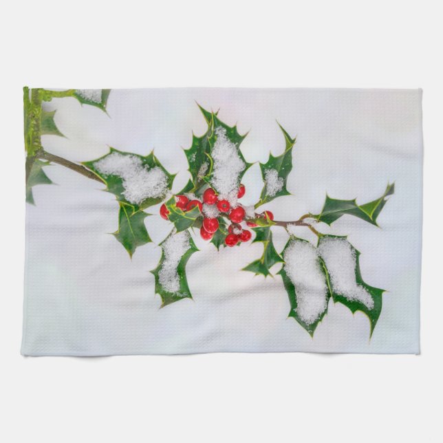 Ilex Red Christmas Holly Berries in Winter Snow -- Tea Towel (Horizontal)