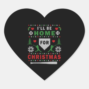 I'Ll Be Home For Christmas Baseball Ugly Christmas Heart Sticker