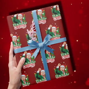 I'll Be Home For Christmas Funny Trump Santa Red Wrapping Paper
