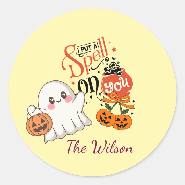 I'll Spell On You Personalised Cute Ghost Classic Round Sticker (Front)