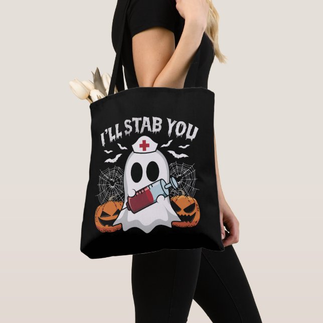 I'll Stab You funny Ghost Nurse Black Halloween Tote Bag (Close Up)